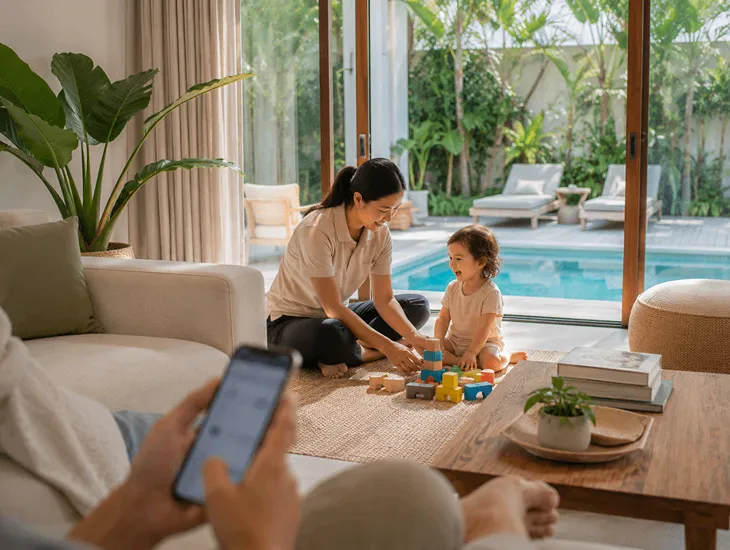 Backup Sitter Services in Bali 2026 – Parent using a digital app to secure urgent family assistance