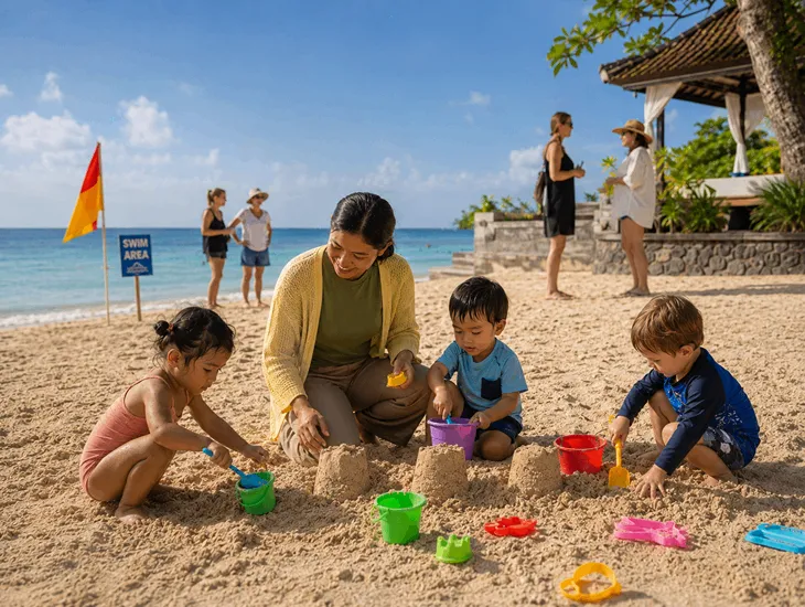 Organizing Playdates in Bali 2026 – Toddlers playing safely on a bright beach with supervision