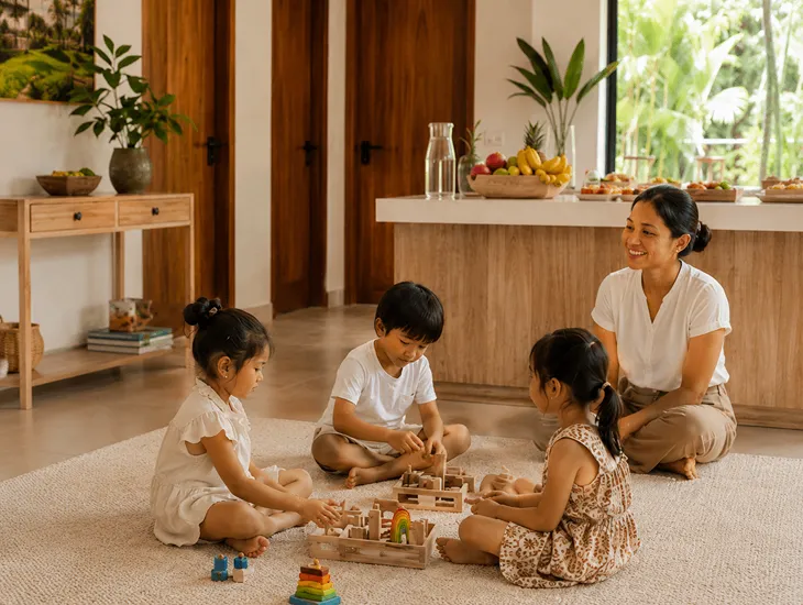 Organizing Playdates in Bali 2026 – Children sharing toys happily indoors while a caregiver watches