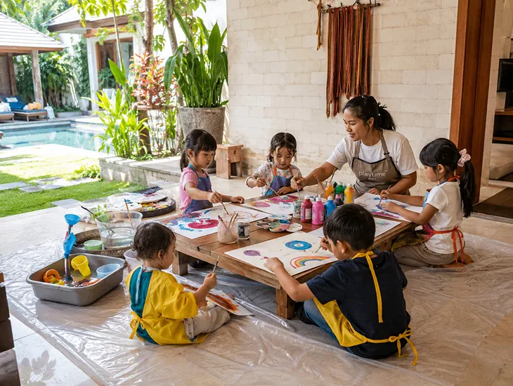 Organizing Playdates in Bali 2026 – Happy kids painting washable art on a shaded villa terrace