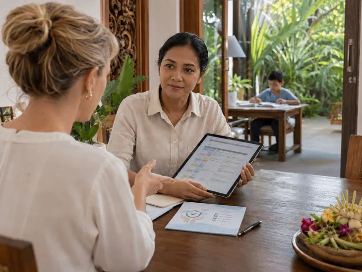 Hiring Tutors for Kids in Bali 2026 – Supervisor discussing lesson plans with a foreign parent