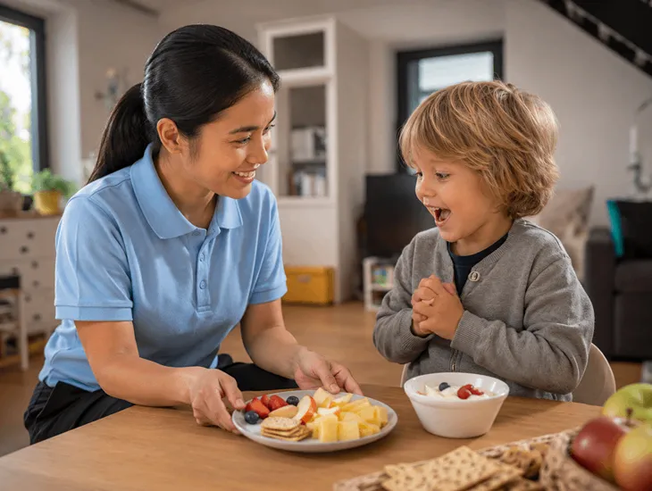 Managing Holiday Childcare in Bali 2026 – Babysitter preparing healthy snacks for children in a modern kitchen