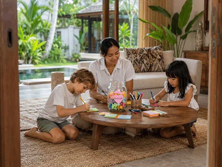 Teaching Kids About Gratitude in Bali 2026 – Babysitter in Bali helping a family create a gratitude jar