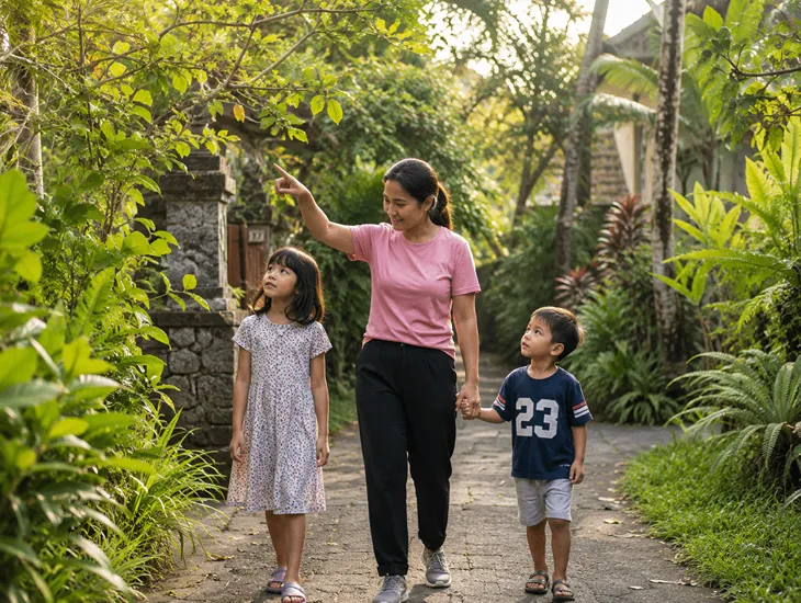 Teaching Kids About Gratitude in Bali 2026 – Babysitter in Bali guiding a mindful nature walk outdoors