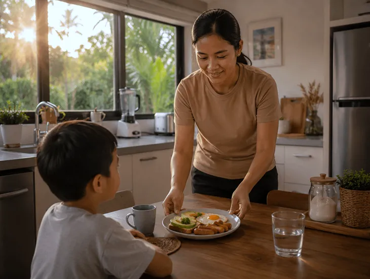 Overnight Babysitter Services in Bali 2026 – Babysitter preparing healthy snacks for children in a modern kitchen