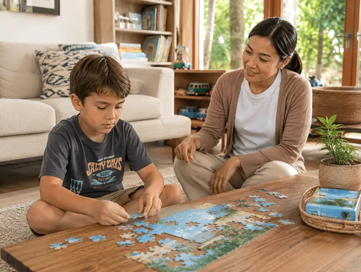 Helicopter Parenting Signs 2026 - Professional babysitter encouraging a child to solve a puzzle independently