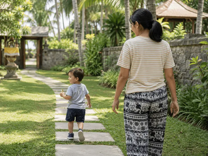Helicopter Parenting Signs 2026 - Happy toddler walking confidently ahead of a caregiver