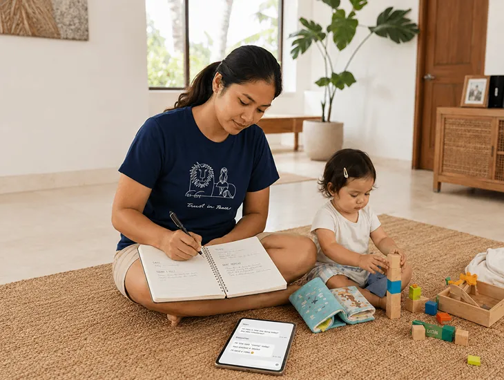 Sitters and Children's Milestones 2026 – Professional babysitter recording developmental progress in a child's milestone journal