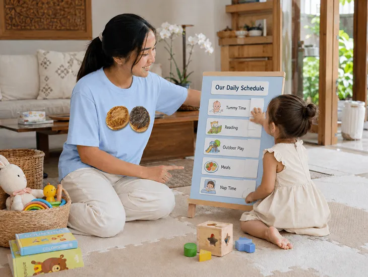 Sitters and Children's Milestones 2026 – Babysitter guiding a child through a visual daily schedule