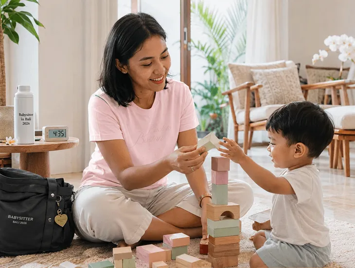 Babysitter in Bali 2026 – Experienced professional helping a child build blocks safely at home