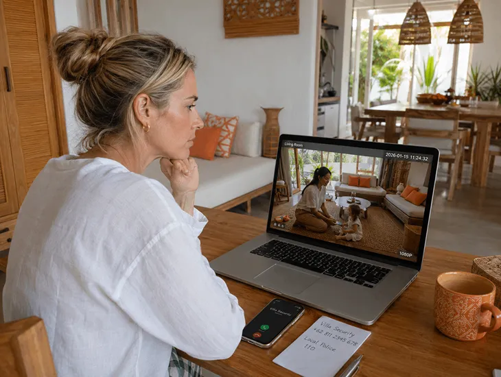 Child Protection Standards 2026 – Parent checking security cameras for a babysitter in Indonesia