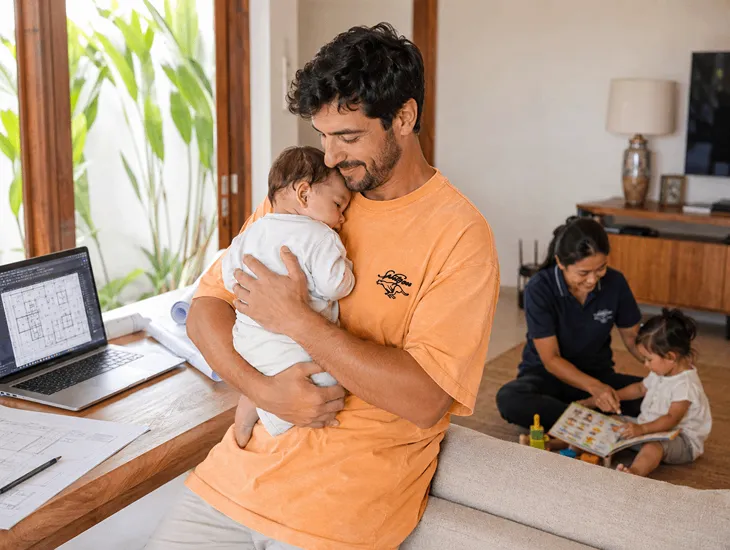 Professional Childcare Help 2026 – Relieved father holding his infant after finding safe support
