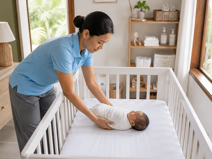 Safe Sleep Guidelines for Babies 2026 – Babysitter in Bali placing baby on a firm mattress