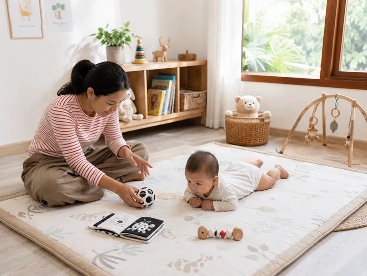 Safe Sleep Guidelines for Babies 2026 – Babysitter in Bali monitoring safe daytime tummy time
