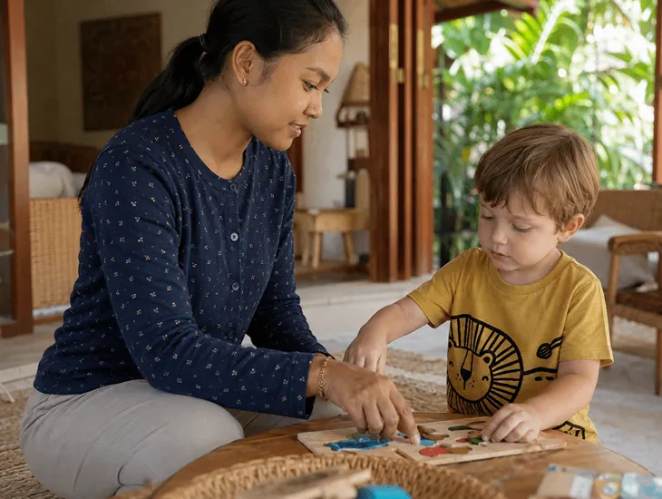 Finding Special Needs Caregivers in Bali 2026 – Professional babysitter helping a child with autism