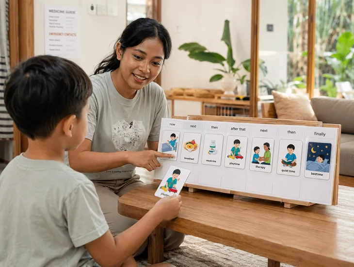 Finding Special Needs Caregivers in Bali 2026, Caregiver guiding a child through a visual daily schedule