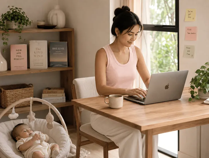 Returning to Work After Maternity Leave 2026 – Mother smiling while working on her laptop at home