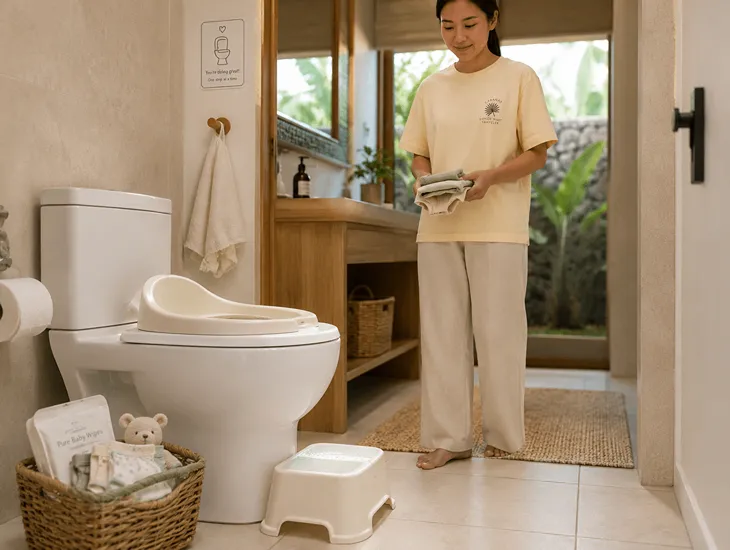 Babysitter in Bali 2026 – Step stool bathroom equipment setup, safe environments, and infant hygiene